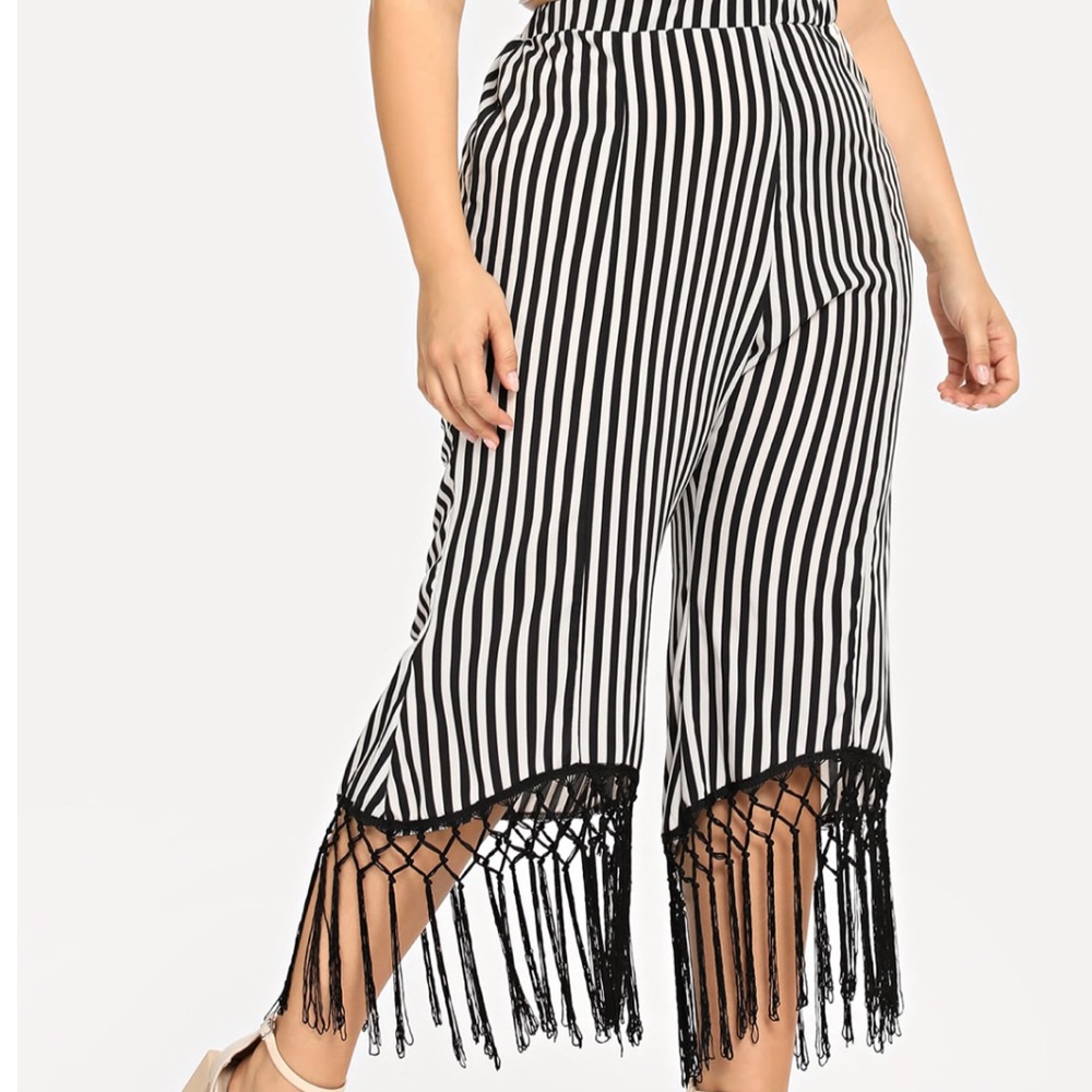Plus Vertical Stripe Tassle Hem Pants
